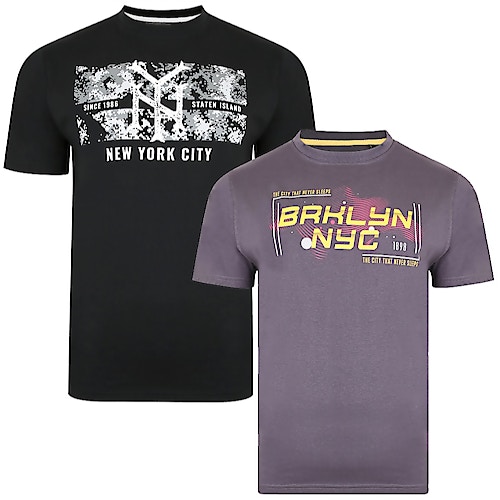 KAM Twin Pack Crew Neck New York T-Shirt Black/Charcoal